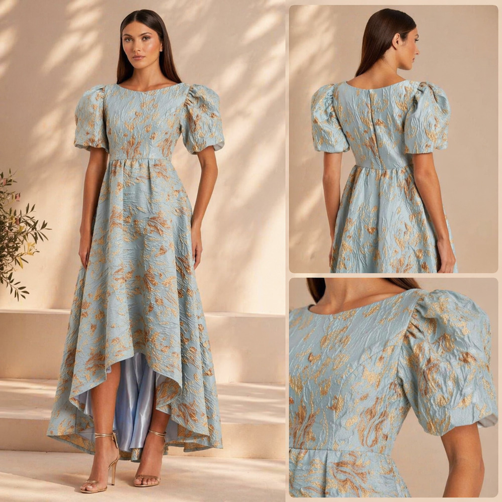 Mac Duggal 11608 Brocade Puff Sleeve High Low Gown Platinum Gold size 14